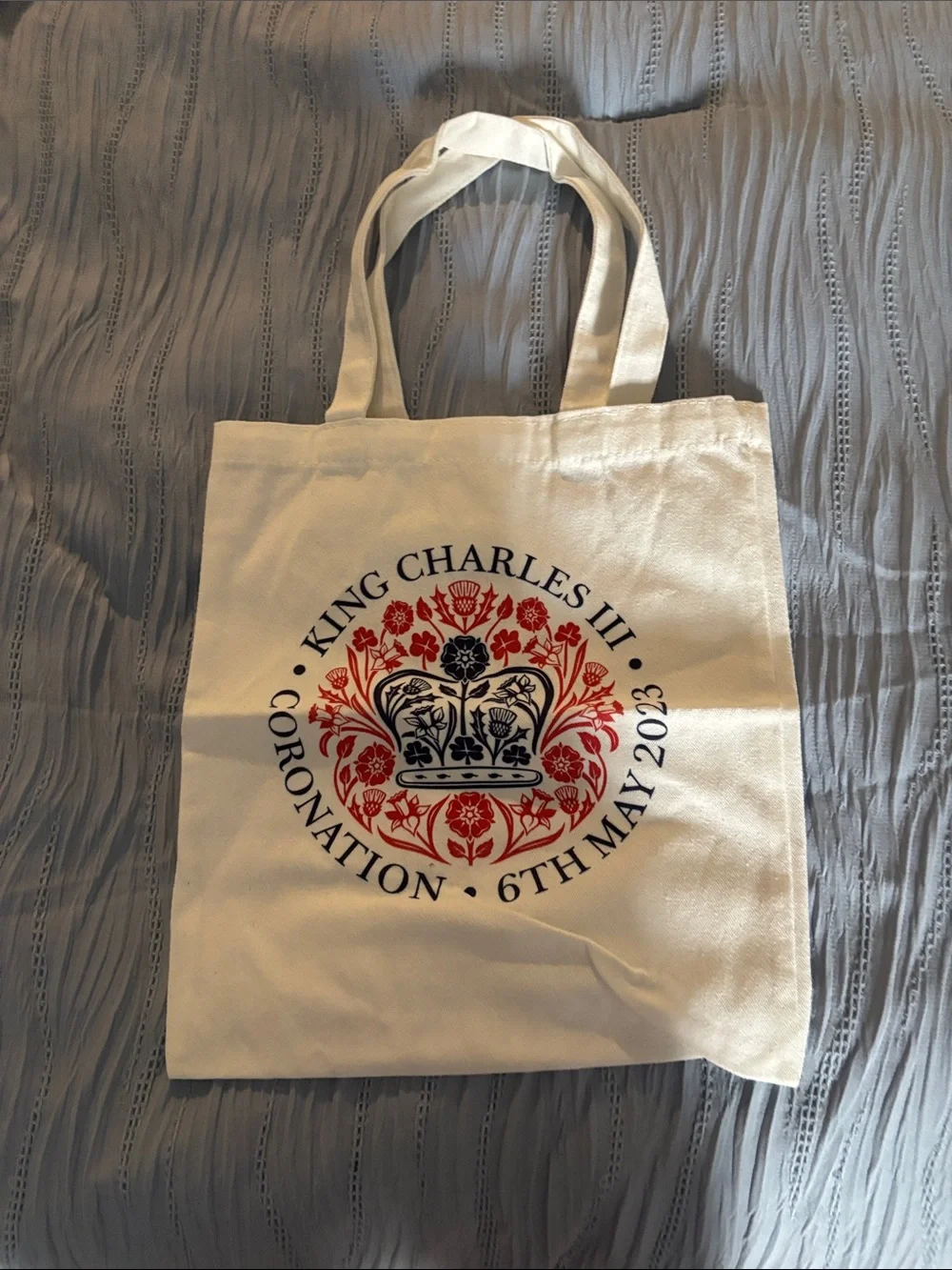 King Charles III Coronation Tote Bag - White with Red & Navy Crest